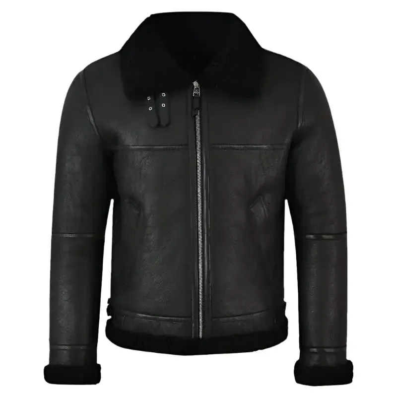 Men's Jet Black Shearling Leather Jacket Stylish & Cozy