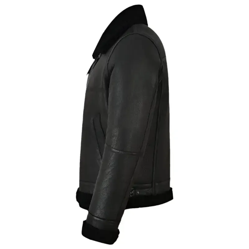Men's Jet Black Shearling Leather Jacket Stylish & Cozy