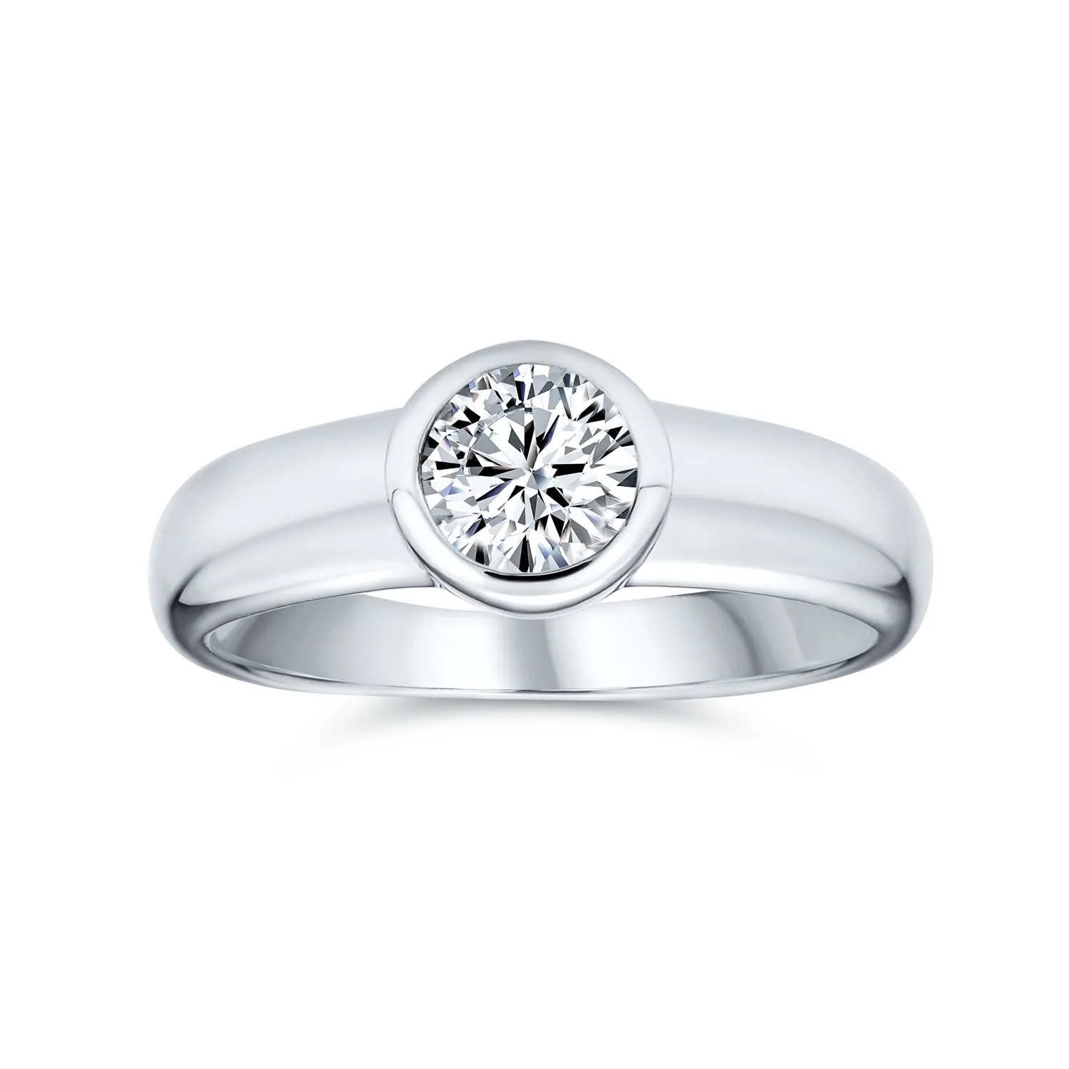 Modern Minimalist CZ Bezel Set Round Solitaire Engagement Ring Sterling Silver