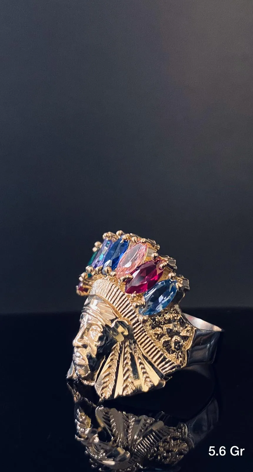 Native American Head with colorful stones ring 10K solid gold