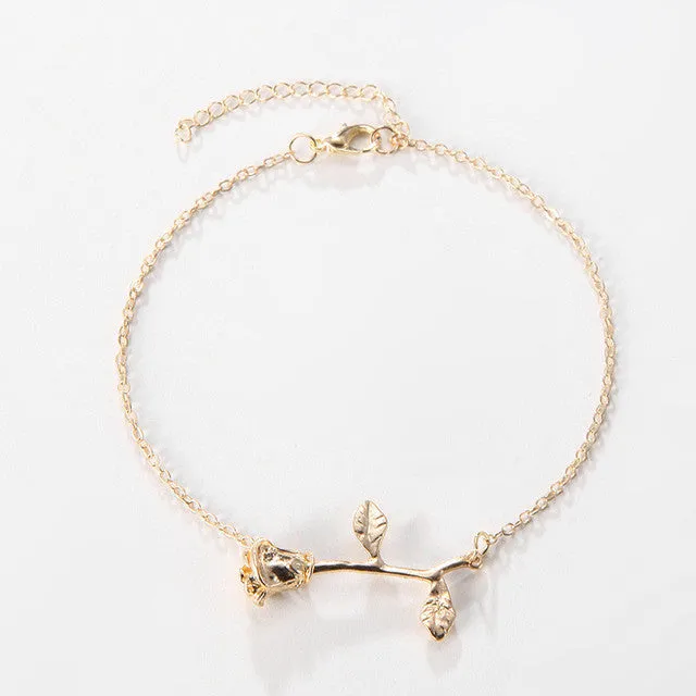 New Simple Gold Color Rose Flower Chain Anklets