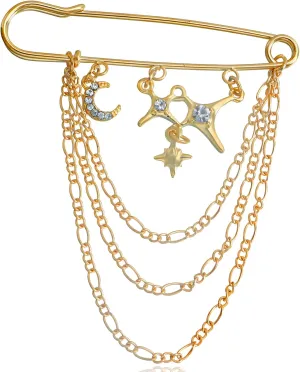 Punk Gold Brooch Pin for Women - Vintage Crystal Moon Star Tassel Brooch - Gold Brooches for Women with Cubic Zirconia - Stylish Safety Pin Necklace for Women, Elegant Collar Pins