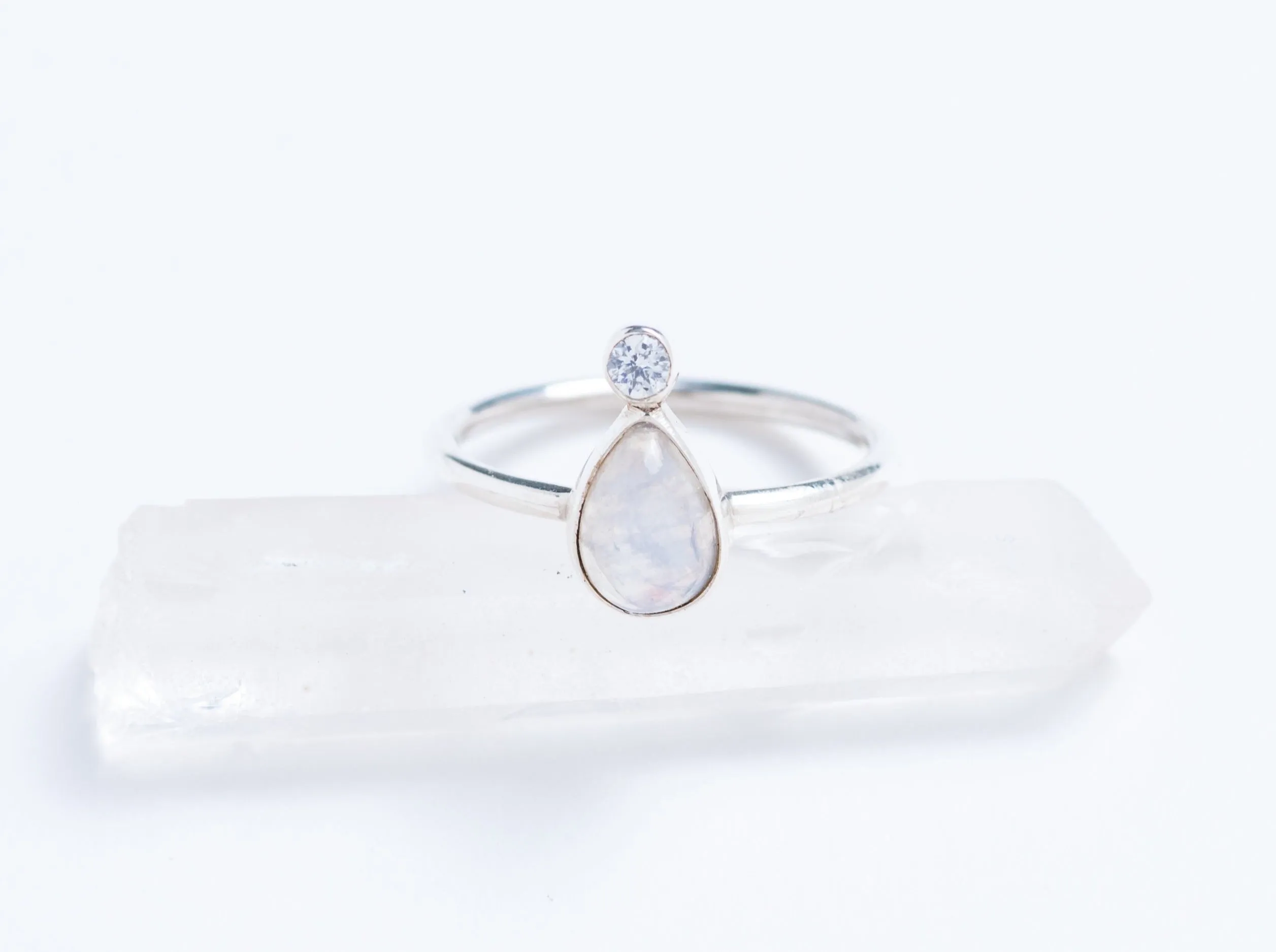 Rainbow Moonstone Drop Ring with CZ