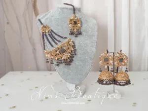 Ridhi Dark Grey Earrings, Tikka & Passa Set
