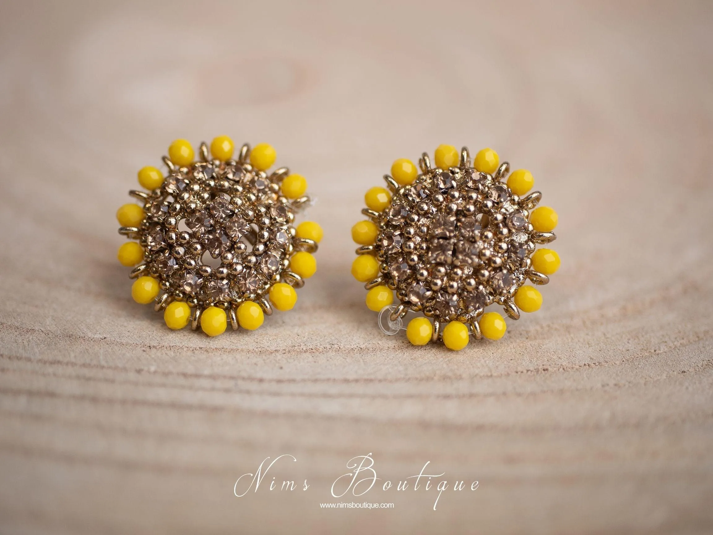 Royal Dark Yellow & Gold Stone Stud Earrings