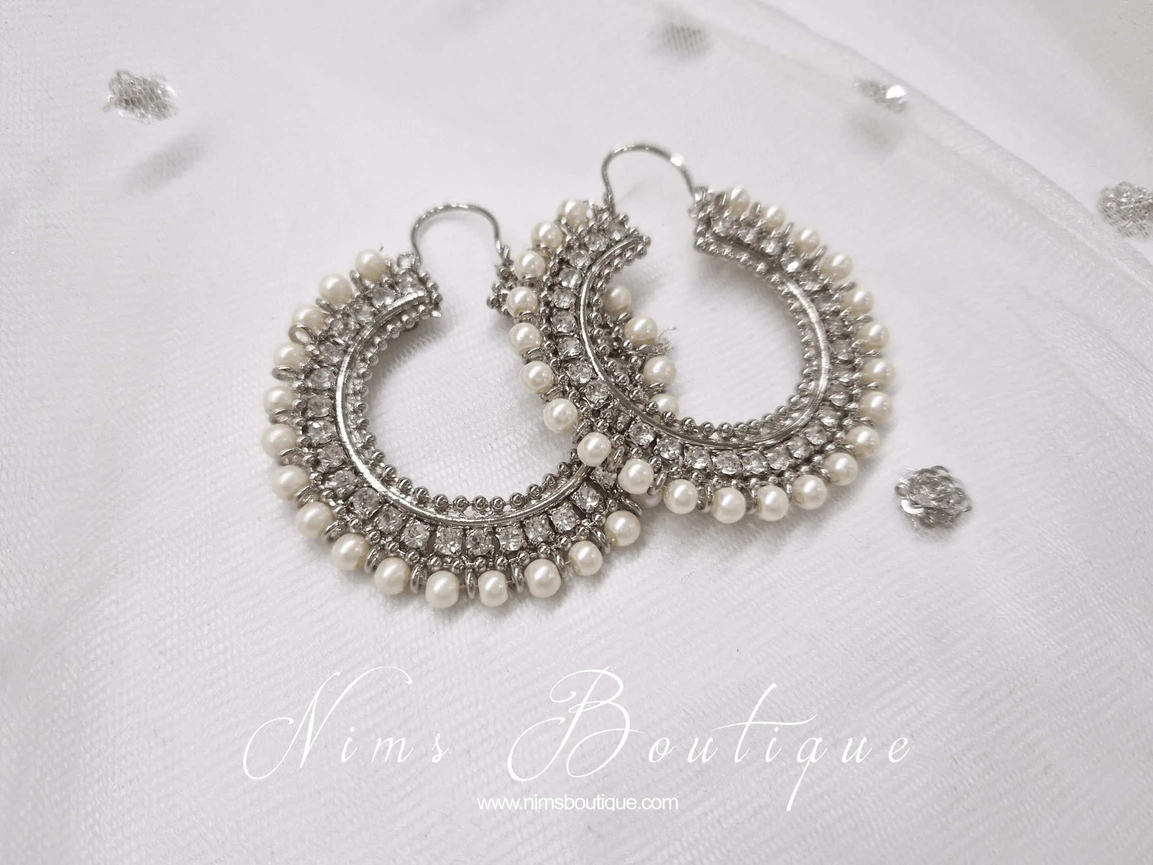 Royal Silver Chand Bali Earrings with Pearl