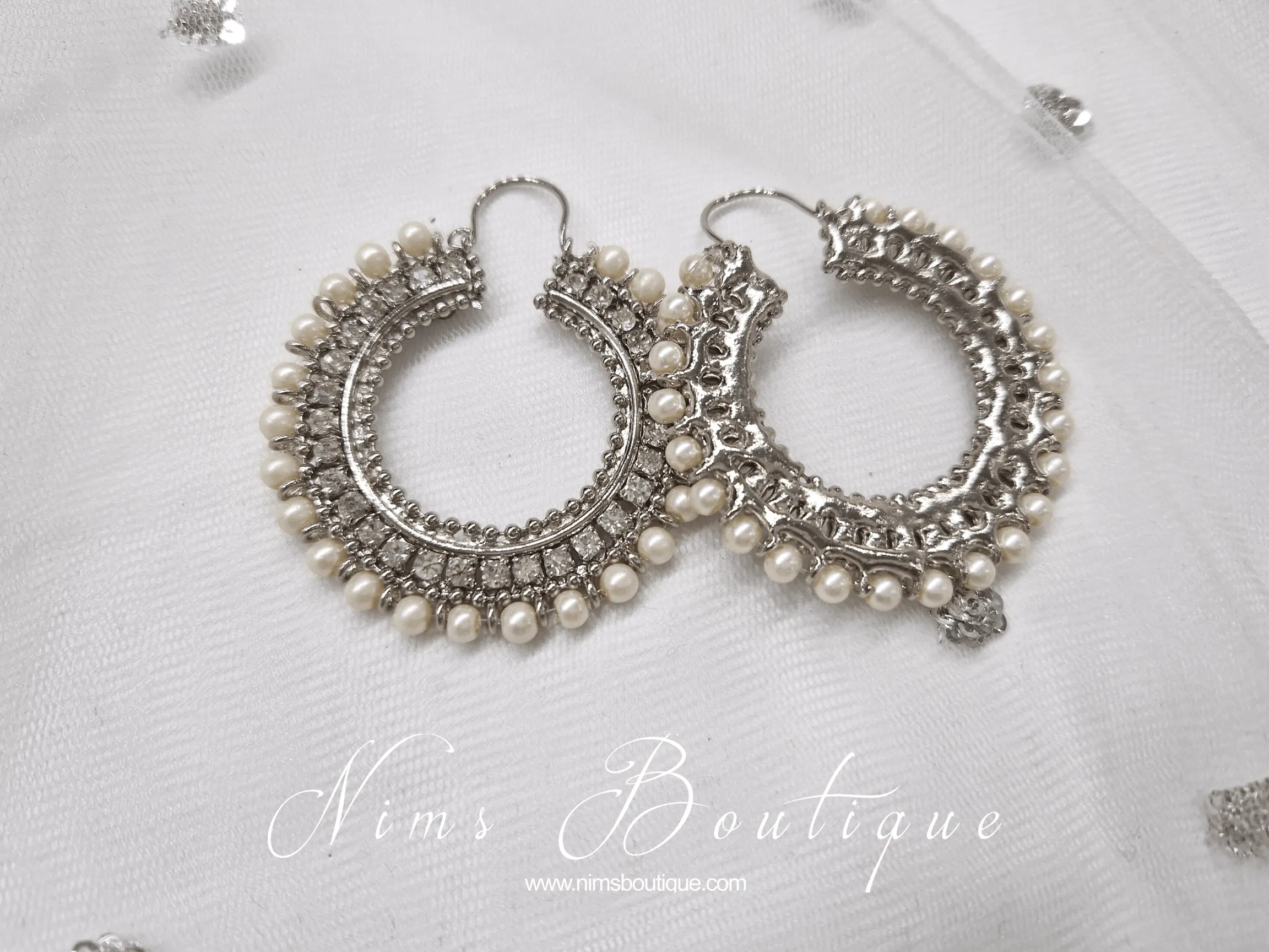 Royal Silver Chand Bali Earrings with Pearl
