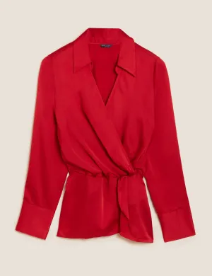 Satin Collared Wrap Blouse