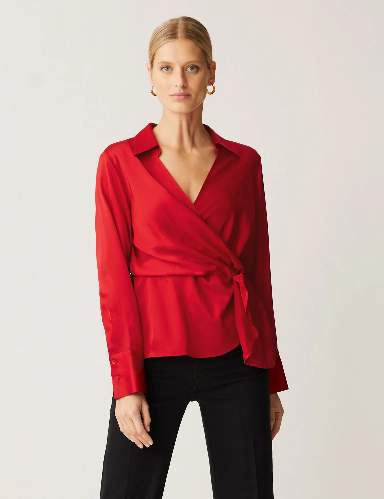 Satin Collared Wrap Blouse