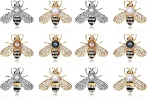 Set of 12 Gold Crystal Insect Bee Brooches with Faux Pearl,Gift for Women, Birthday, Dating, Party, Anniversary