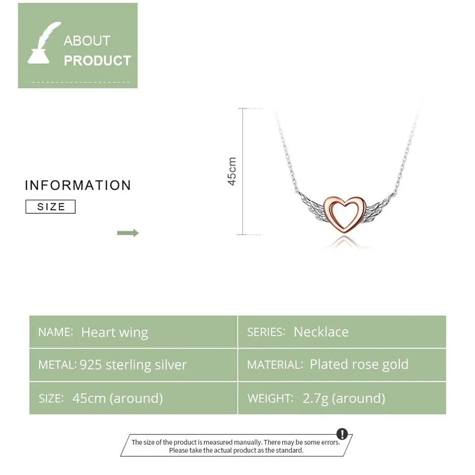 Silver 925 Heart with Wings Minimalist Simple Chain Necklace for Women Rose Gold Color Jewelry Bijoux
