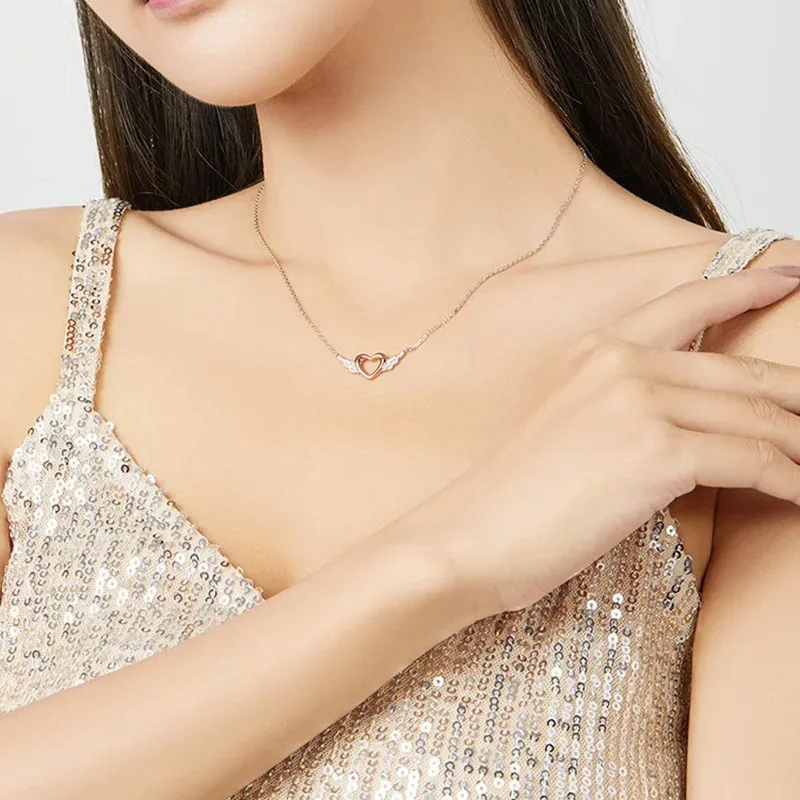 Silver 925 Heart with Wings Minimalist Simple Chain Necklace for Women Rose Gold Color Jewelry Bijoux