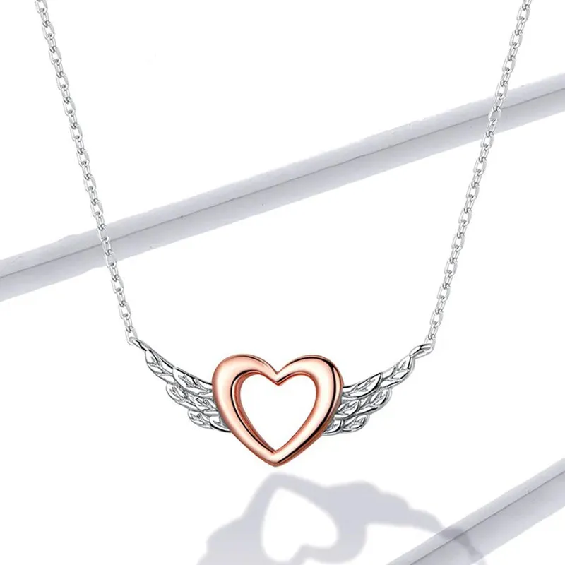 Silver 925 Heart with Wings Minimalist Simple Chain Necklace for Women Rose Gold Color Jewelry Bijoux