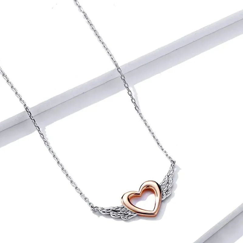 Silver 925 Heart with Wings Minimalist Simple Chain Necklace for Women Rose Gold Color Jewelry Bijoux