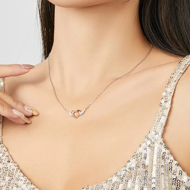Silver 925 Heart with Wings Minimalist Simple Chain Necklace for Women Rose Gold Color Jewelry Bijoux