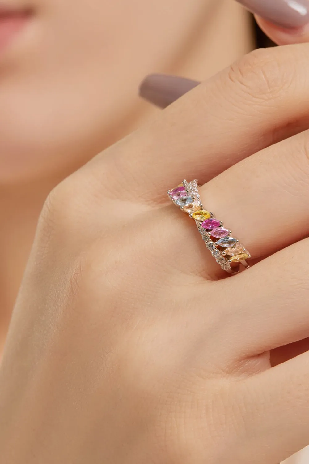 Silver Cross Shaped 5A Cubic Zirconia Colorful Agate Twisted Ring