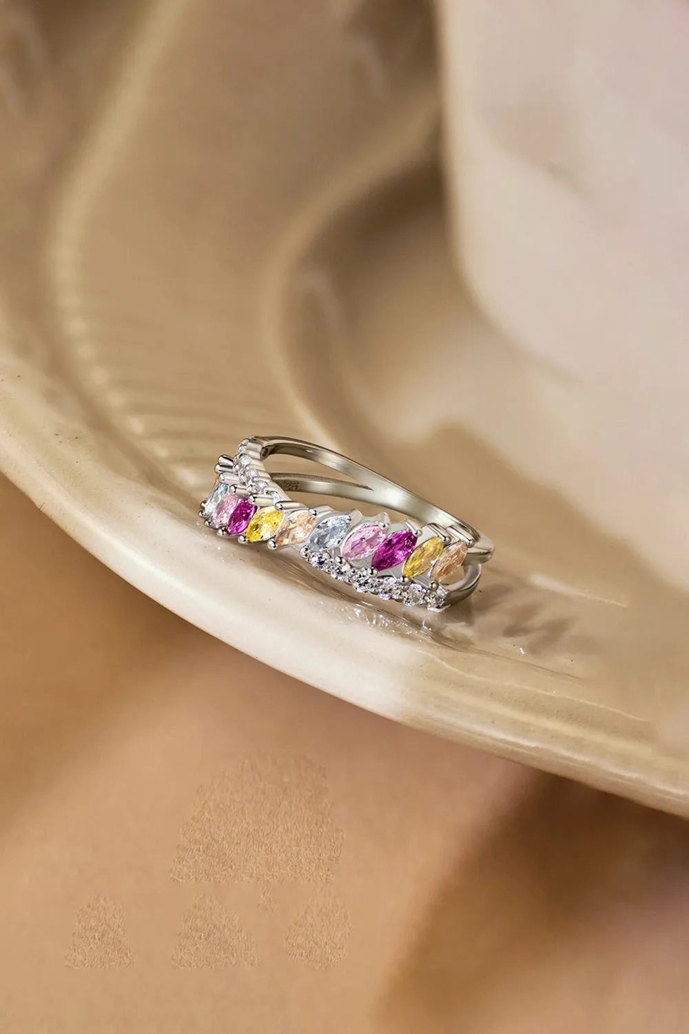 Silver Cross Shaped 5A Cubic Zirconia Colorful Agate Twisted Ring