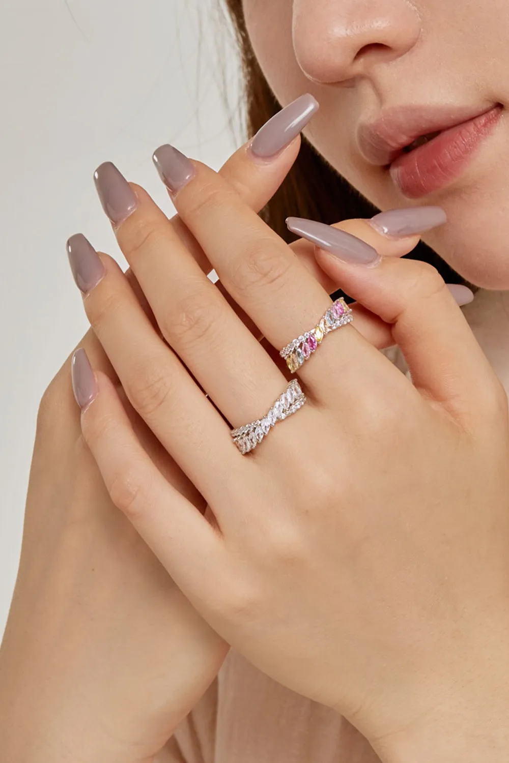 Silver Cross Shaped 5A Cubic Zirconia Colorful Agate Twisted Ring
