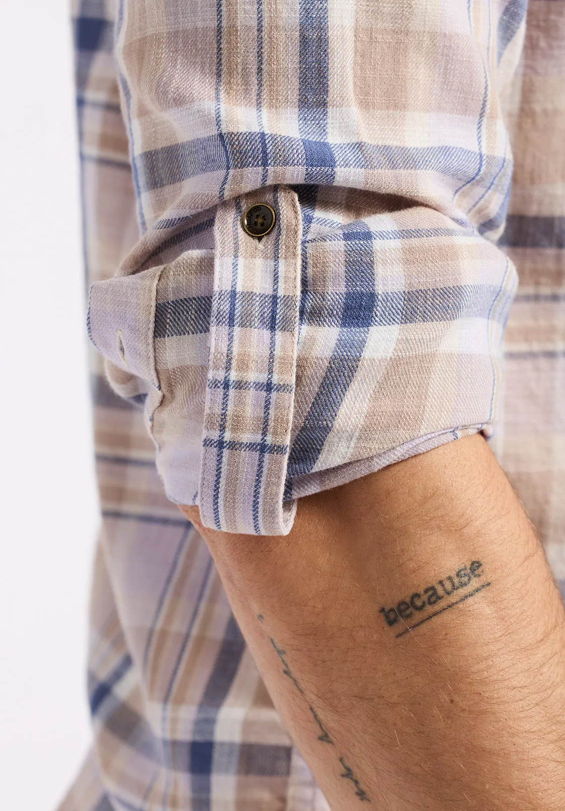 Simbio Men's Long-Sleeve Plaid Fitted Shirt, Beige & Blue - BM24596