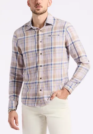 Simbio Men's Long-Sleeve Plaid Fitted Shirt, Beige & Blue - BM24596