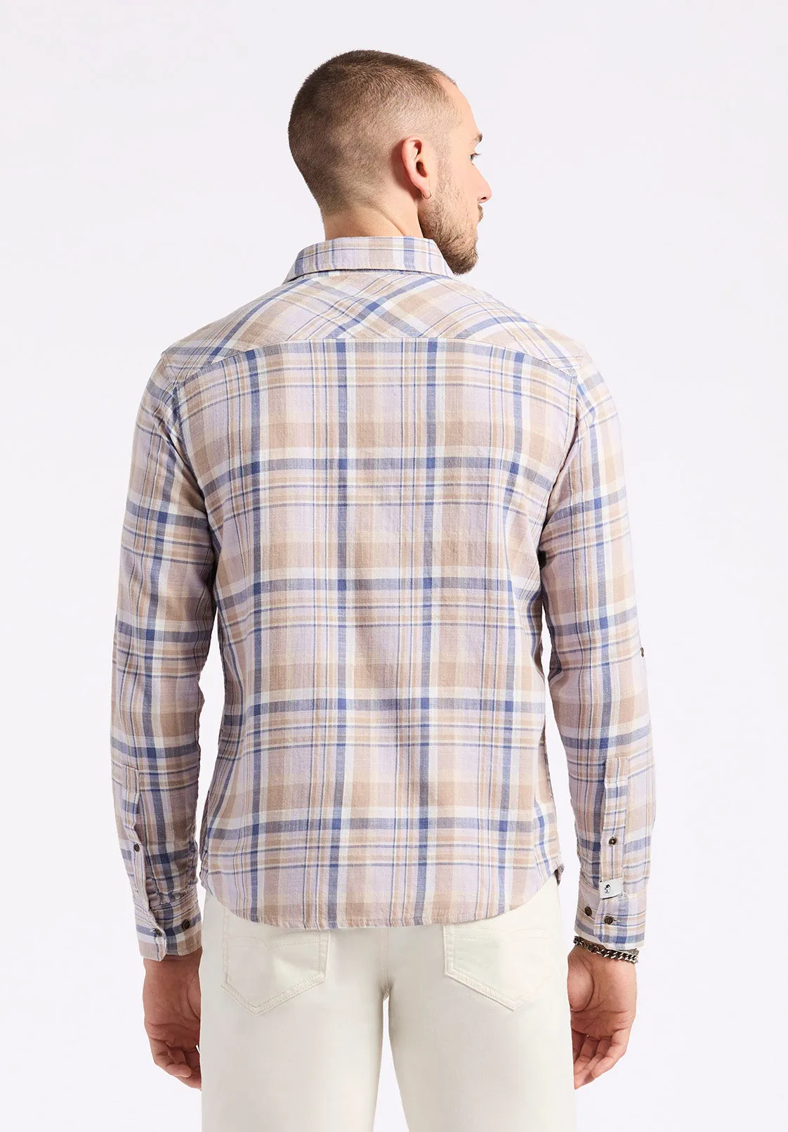 Simbio Men's Long-Sleeve Plaid Fitted Shirt, Beige & Blue - BM24596