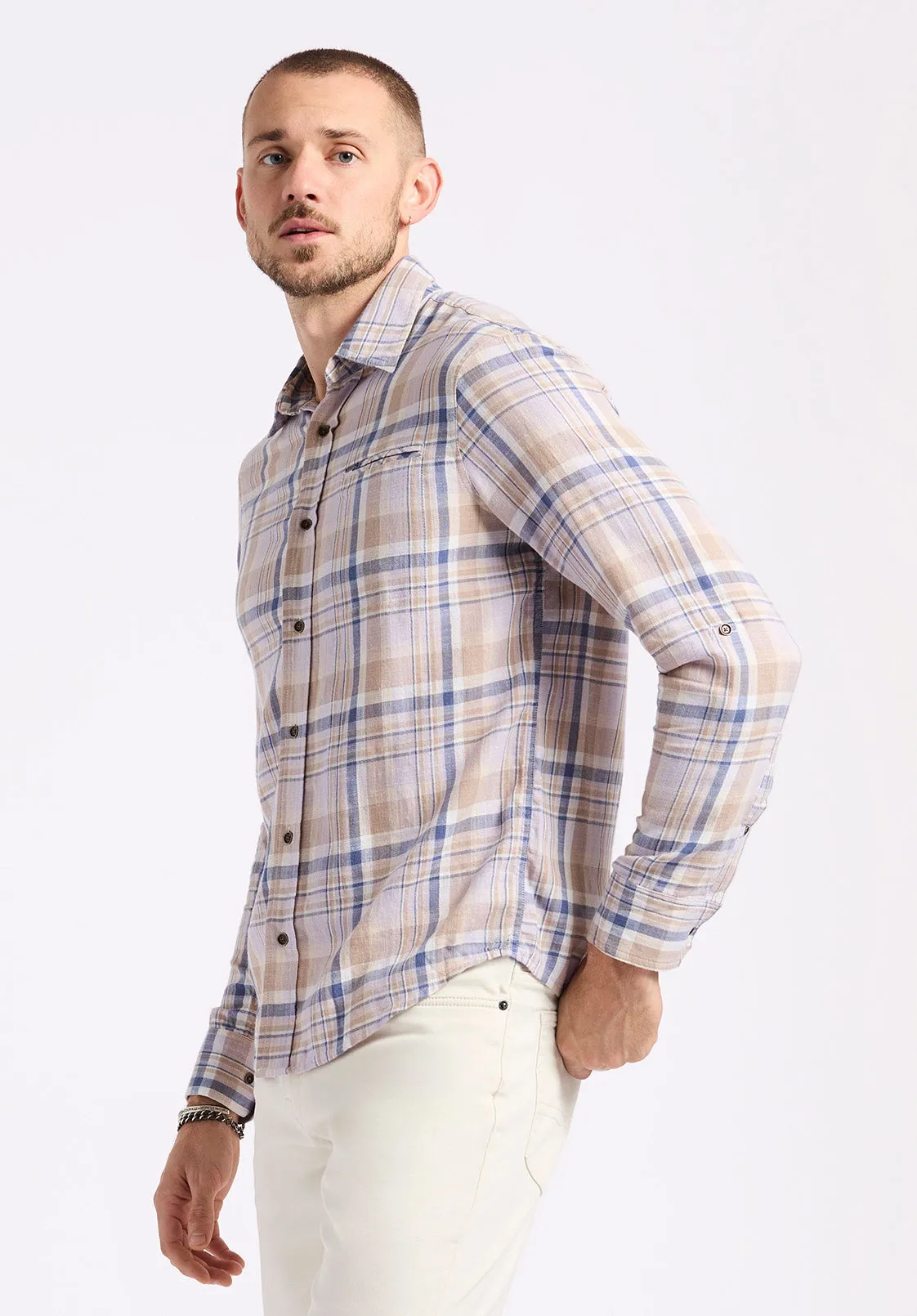 Simbio Men's Long-Sleeve Plaid Fitted Shirt, Beige & Blue - BM24596