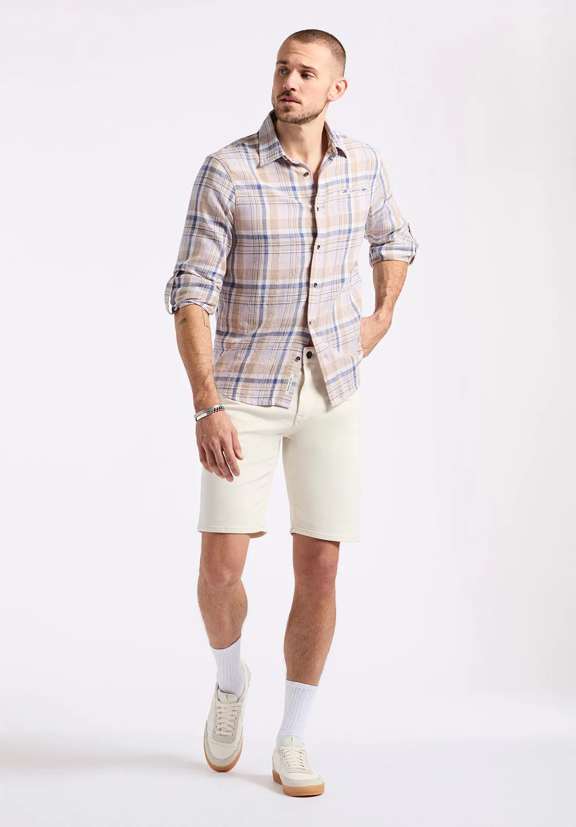 Simbio Men's Long-Sleeve Plaid Fitted Shirt, Beige & Blue - BM24596