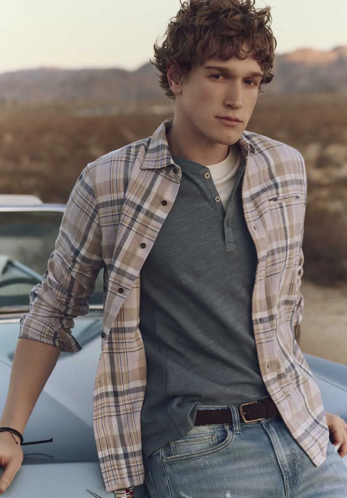 Simbio Men's Long-Sleeve Plaid Fitted Shirt, Beige & Blue - BM24596