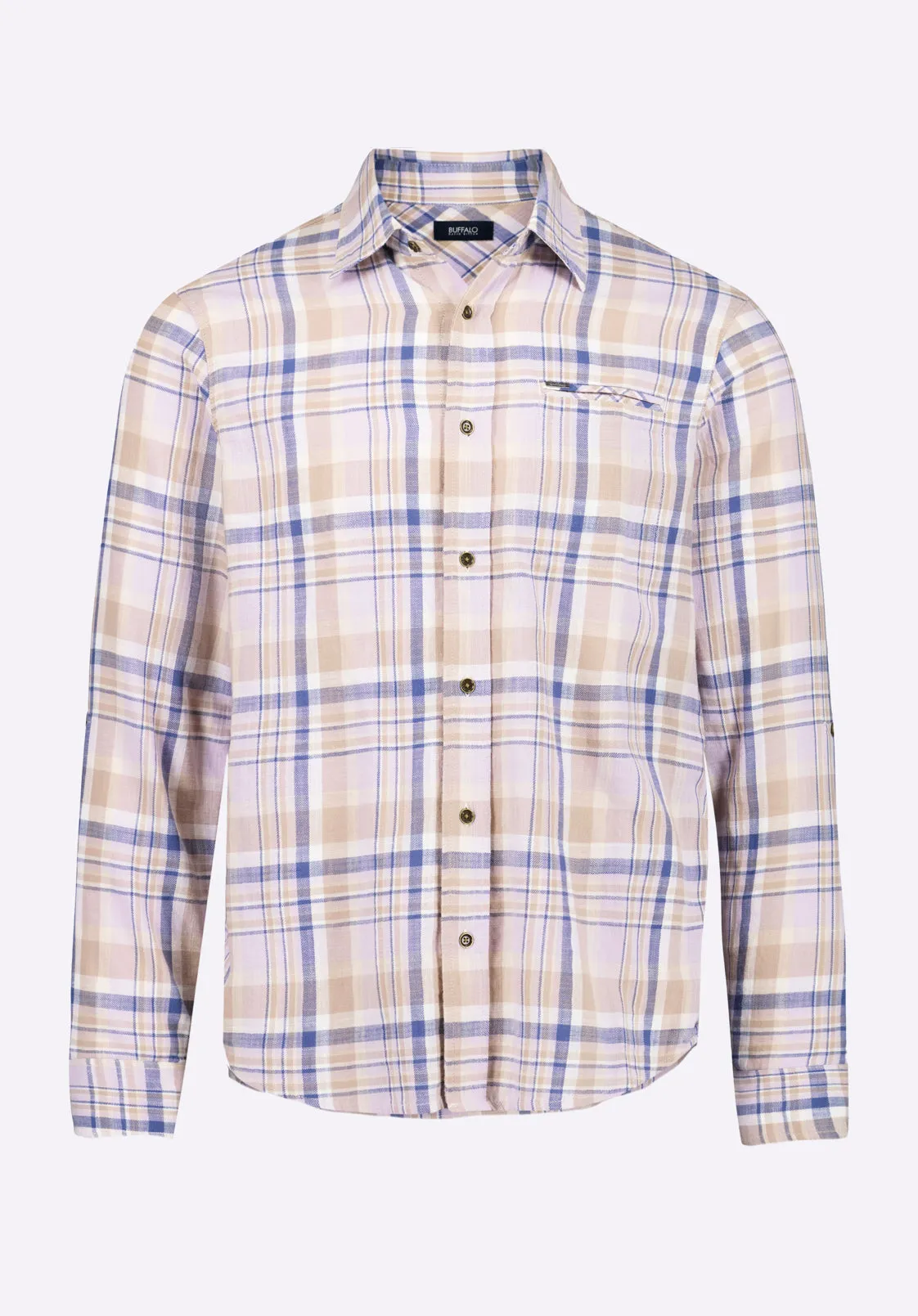 Simbio Men's Long-Sleeve Plaid Fitted Shirt, Beige & Blue - BM24596