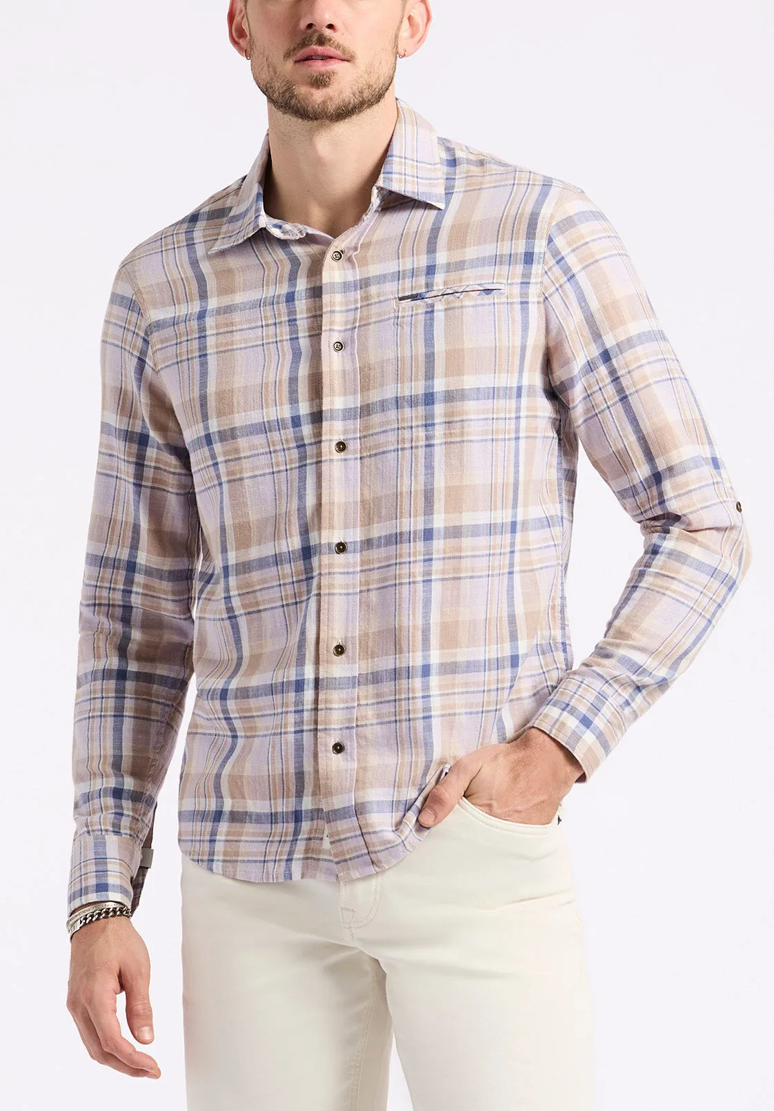 Simbio Men's Long-Sleeve Plaid Fitted Shirt, Beige & Blue - BM24596