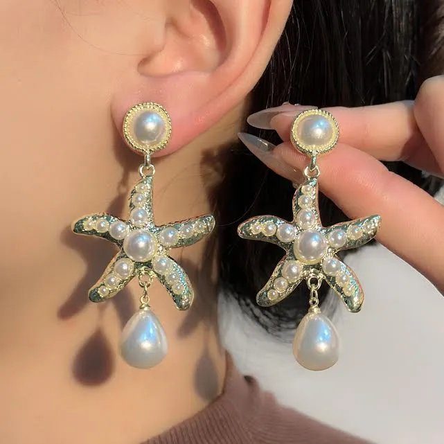 Starfish Water Drop Shaped Faux Pearl Earrings