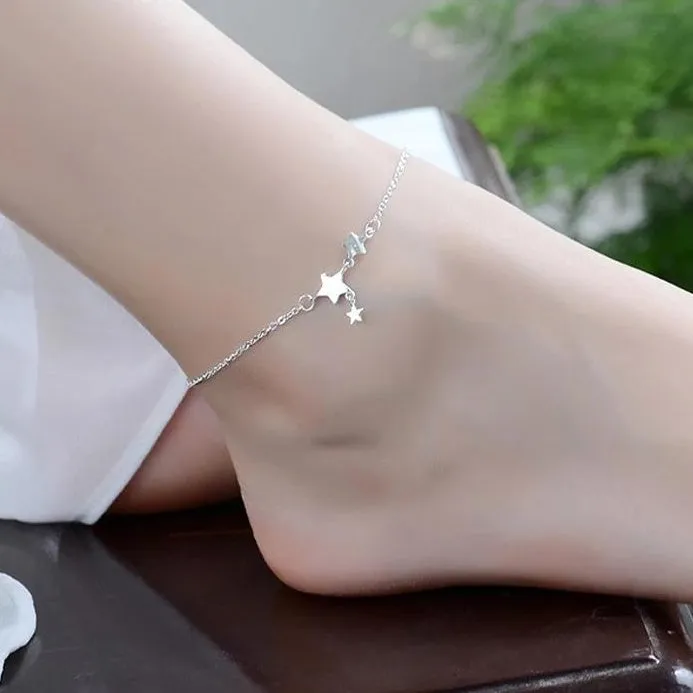 Sterling Silver Delicate Star Charms Anklet