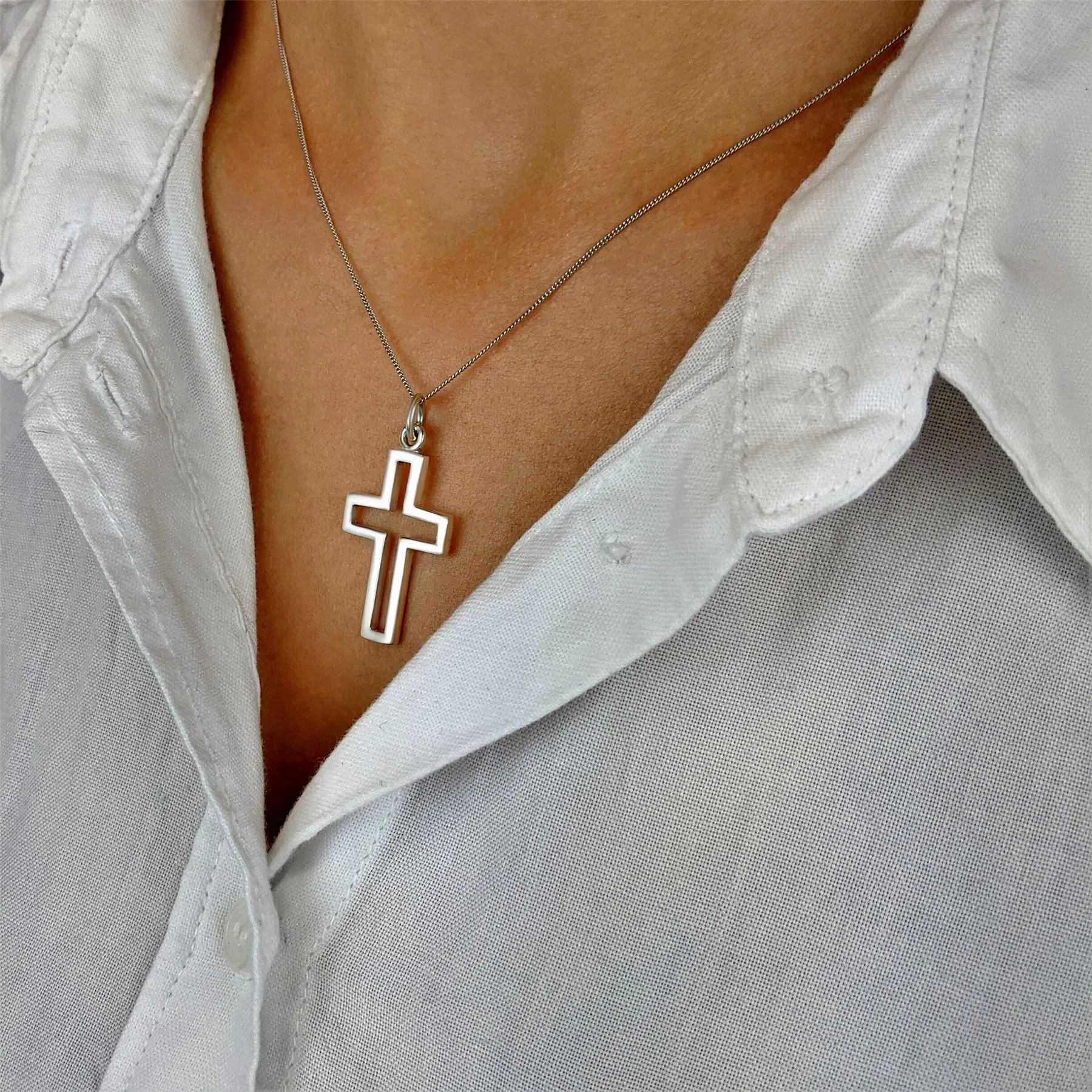 Sterling Silver Large Open Cross Pendant - Chain Necklace