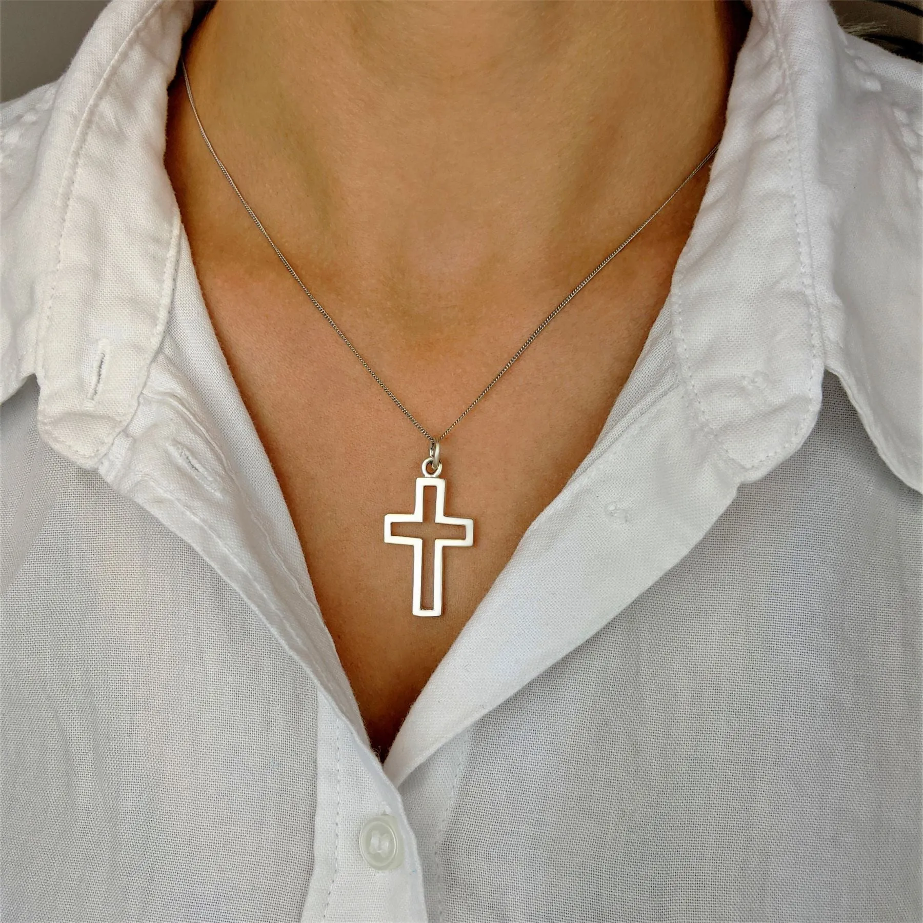 Sterling Silver Large Open Cross Pendant - Chain Necklace