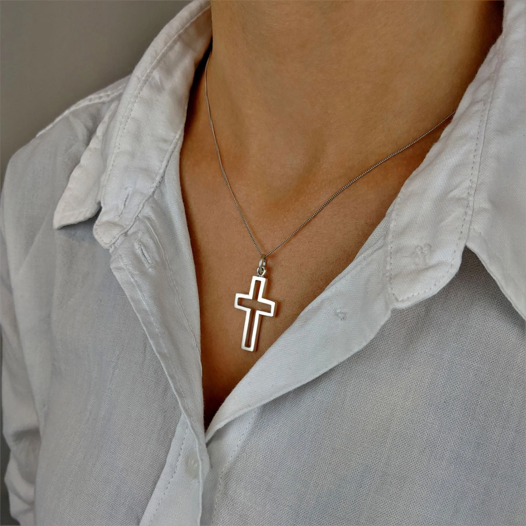 Sterling Silver Large Open Cross Pendant - Chain Necklace