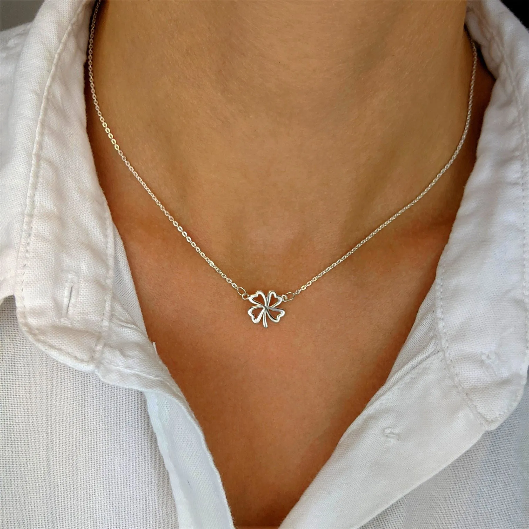 Sterling Silver Lucky Four Leaf Clover Charm Pendant Chain Necklace
