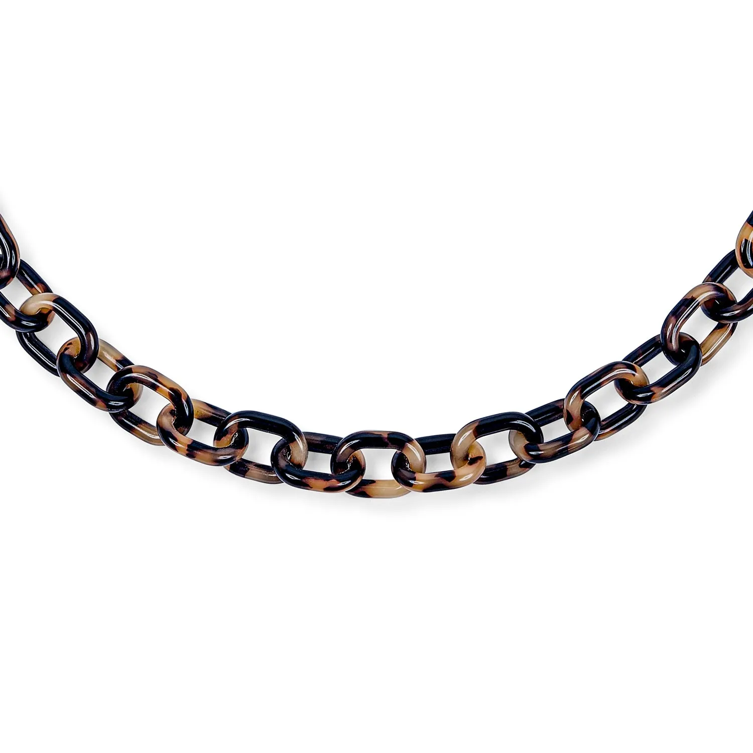 Stylish Beige Brown Oval Chain Link Faux Tortoise Shell Necklace 24 Inch