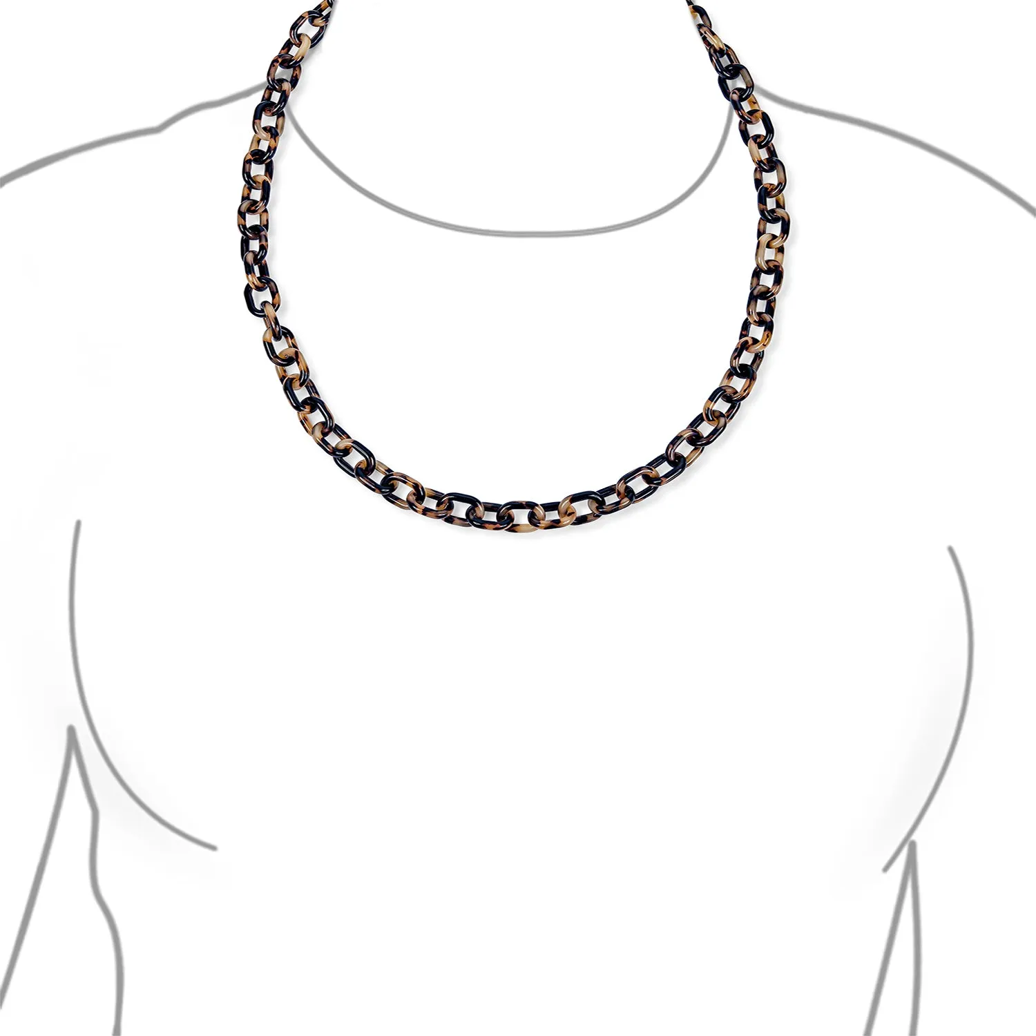 Stylish Beige Brown Oval Chain Link Faux Tortoise Shell Necklace 24 Inch