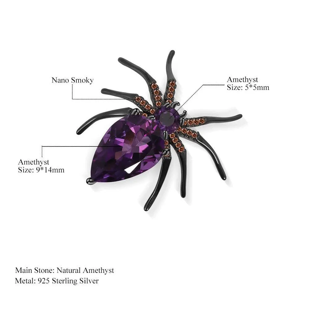 Unique Design Cute Animal Spider Brooch 925 Sterling Silver Natural Amethyst Gemstone Brooches For Women Jewelry