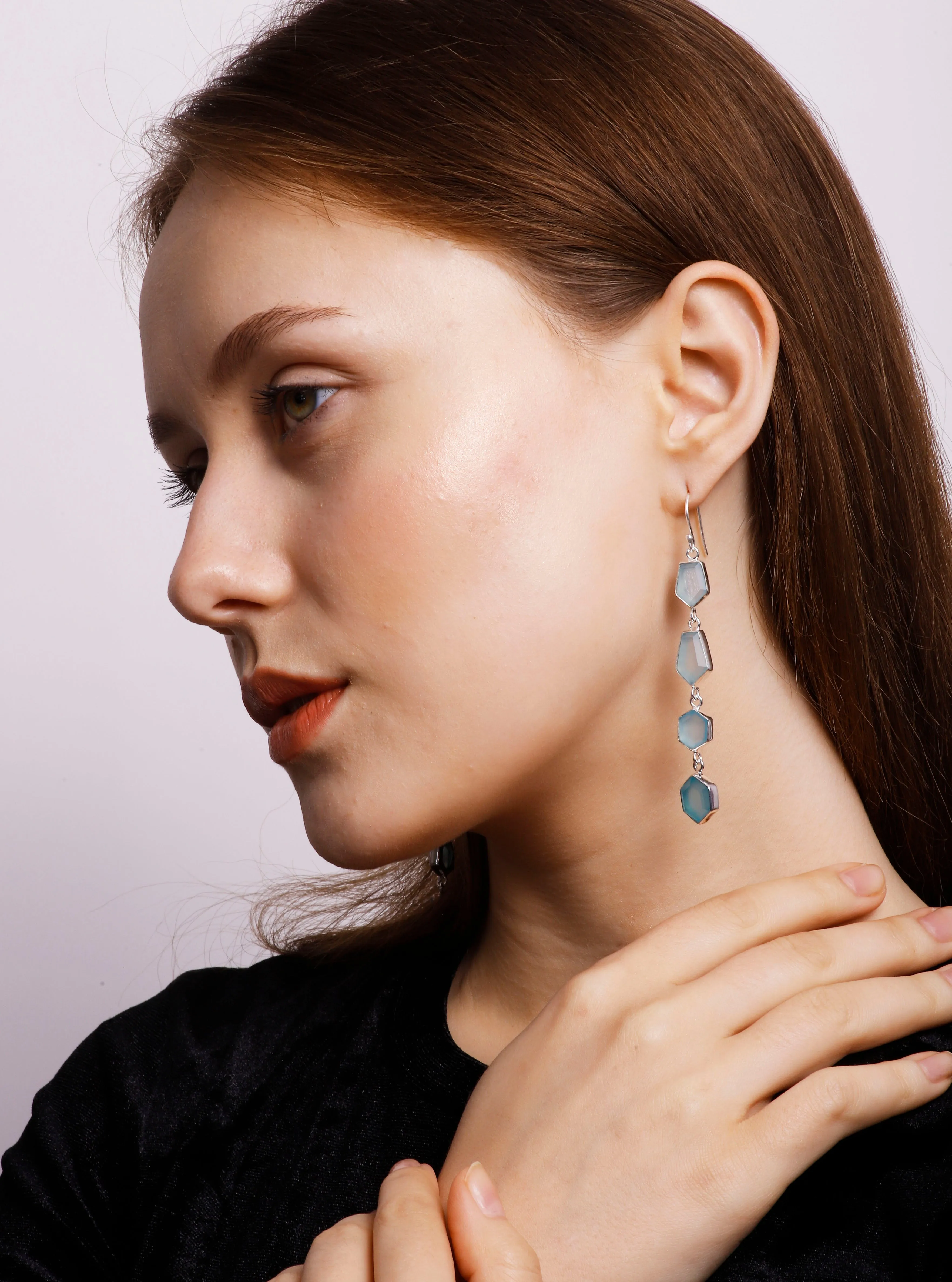 Vama | Zoe Earrings | Metal-Sterling Silver | Stone-Aqua Chalcedony | Finish-Matt