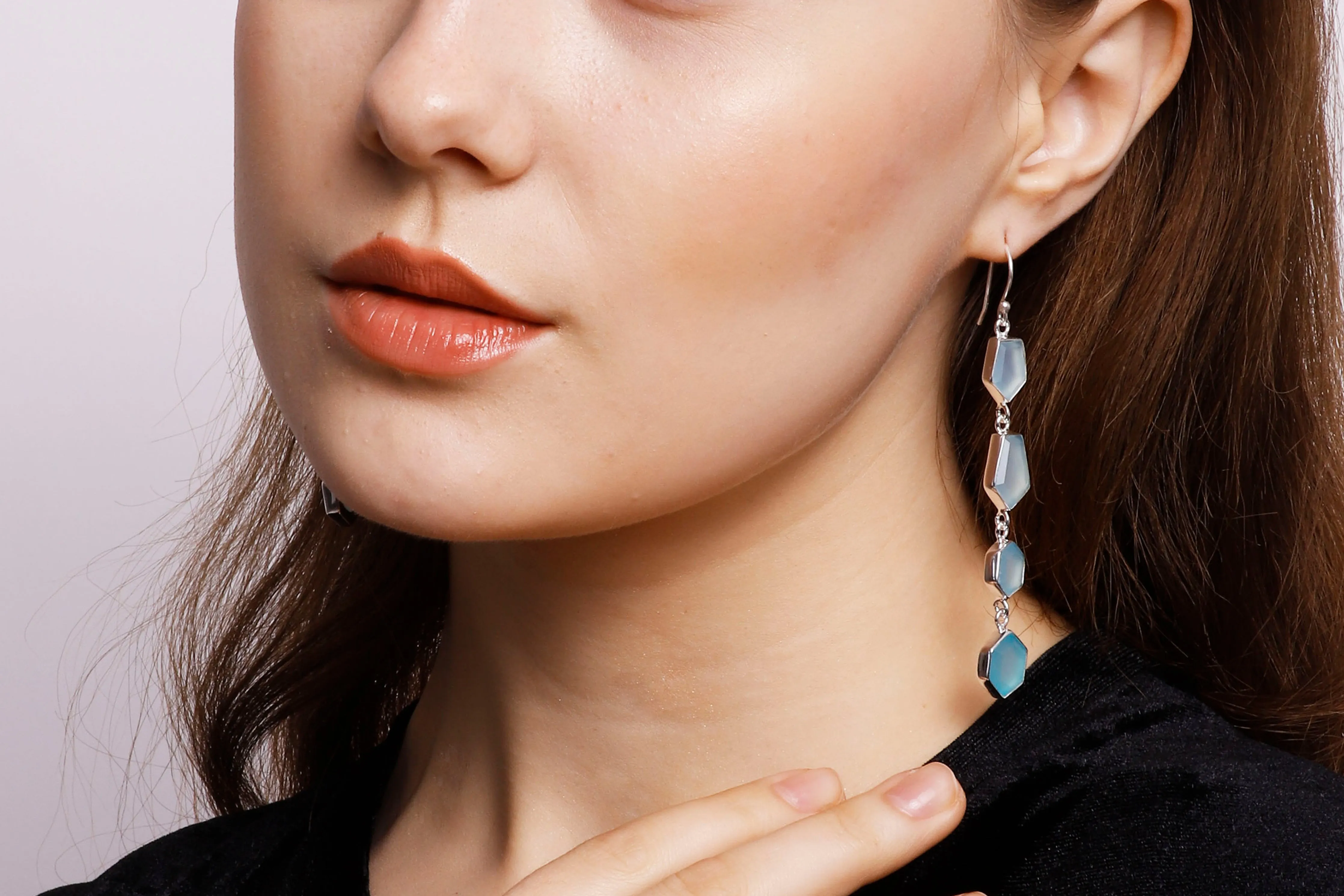 Vama | Zoe Earrings | Metal-Sterling Silver | Stone-Aqua Chalcedony | Finish-Matt