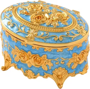 Vintage Jewelry Box, Gold Oval Treasure Ring Box, Metal Trinket Organizer Keepsake Box Gift for Girl Women, Light Blue