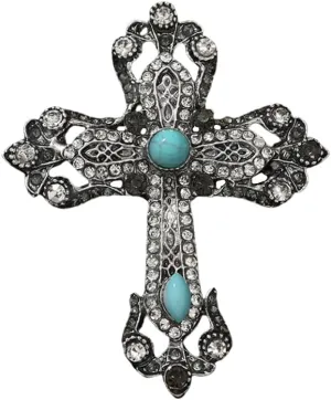 Vintage Rhinestone Cross Brooch Pin for Women Girls Crystal Christian Turquoise Cross Brooches Lapel Pin Shiny Religious Unisex Faith Antique Christmas Pray Dress Accessories Jewelry Gift