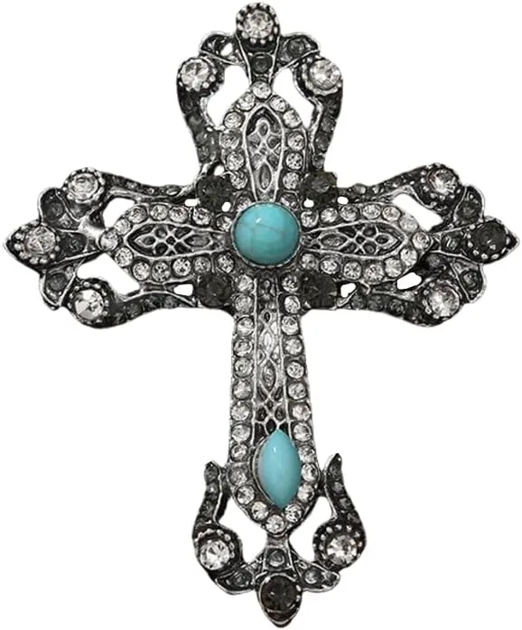 Vintage Rhinestone Cross Brooch Pin for Women Girls Crystal Christian Turquoise Cross Brooches Lapel Pin Shiny Religious Unisex Faith Antique Christmas Pray Dress Accessories Jewelry Gift