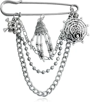 Vintage Silver Brooch Pins for Women Punk Skull Snake Star Cross Tassel Chain Safety Pin Brooches Sweater Shawl Collar Coat Clips