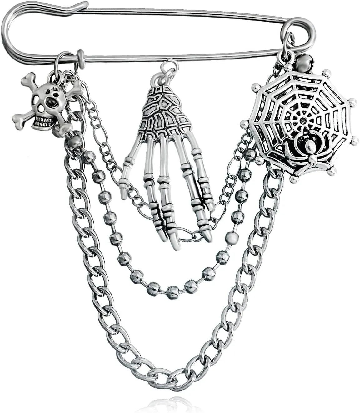 Vintage Silver Brooch Pins for Women Punk Skull Snake Star Cross Tassel Chain Safety Pin Brooches Sweater Shawl Collar Coat Clips