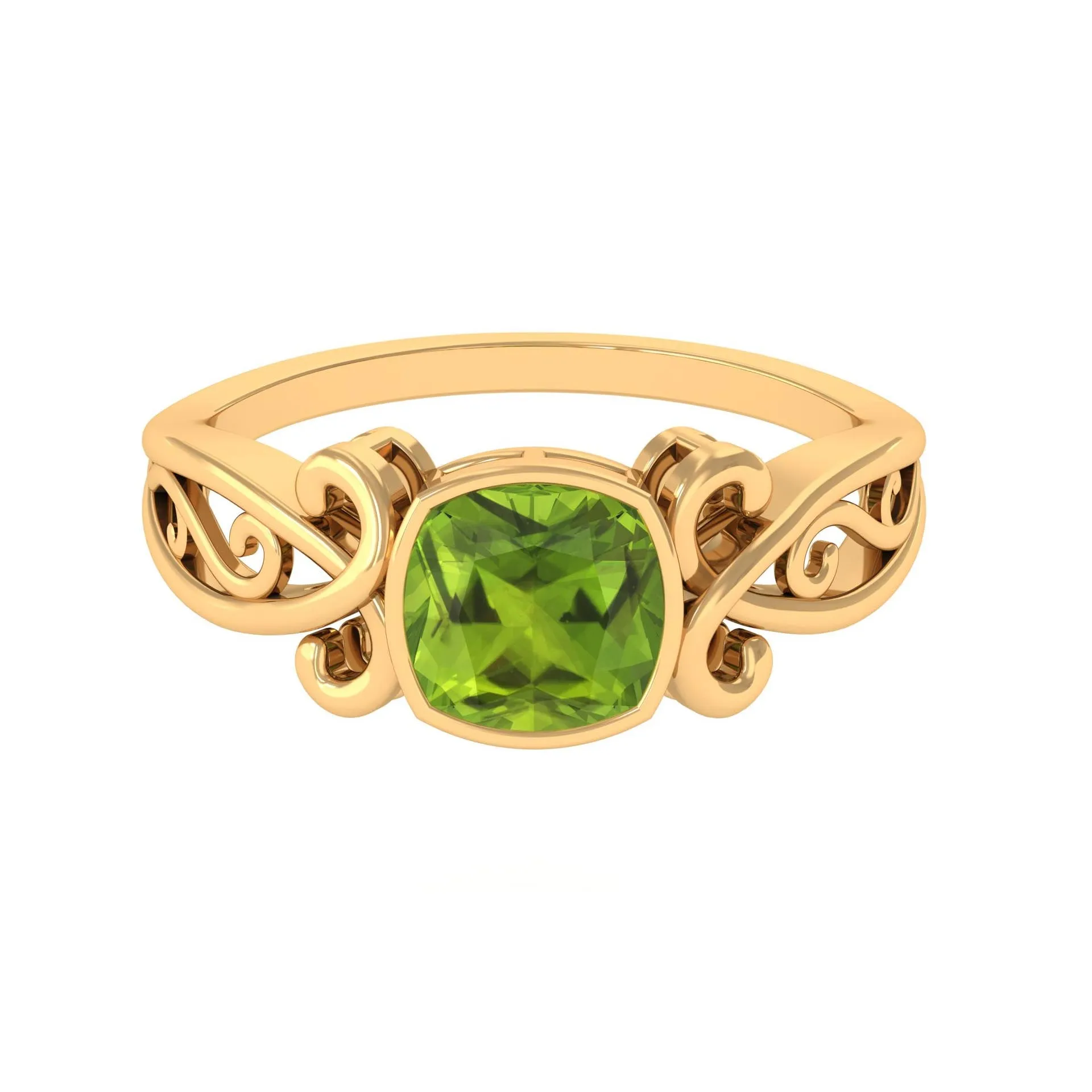 Vintage Style Cushion Cut Peridot Solitaire Ring in Bezel Setting