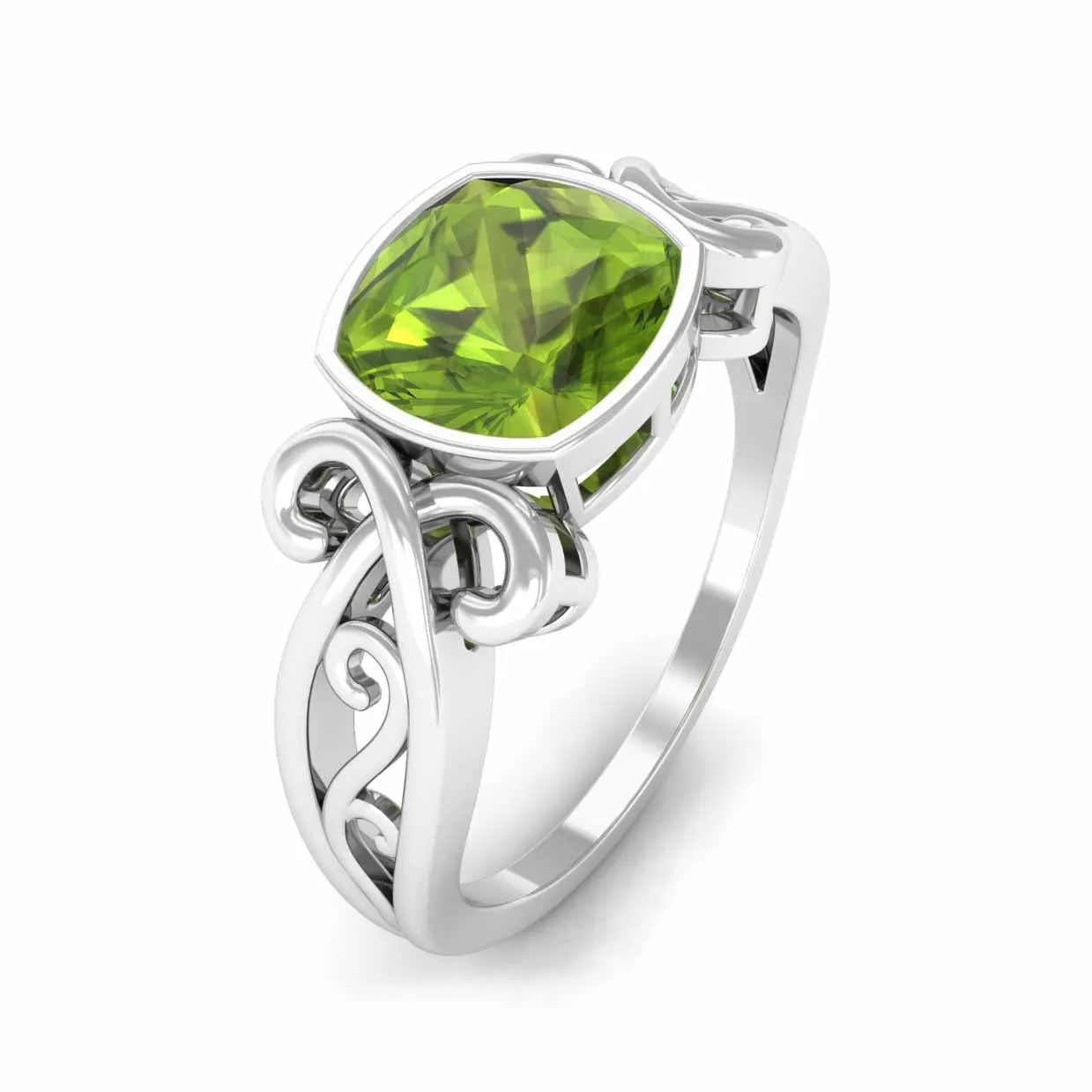 Vintage Style Cushion Cut Peridot Solitaire Ring in Bezel Setting