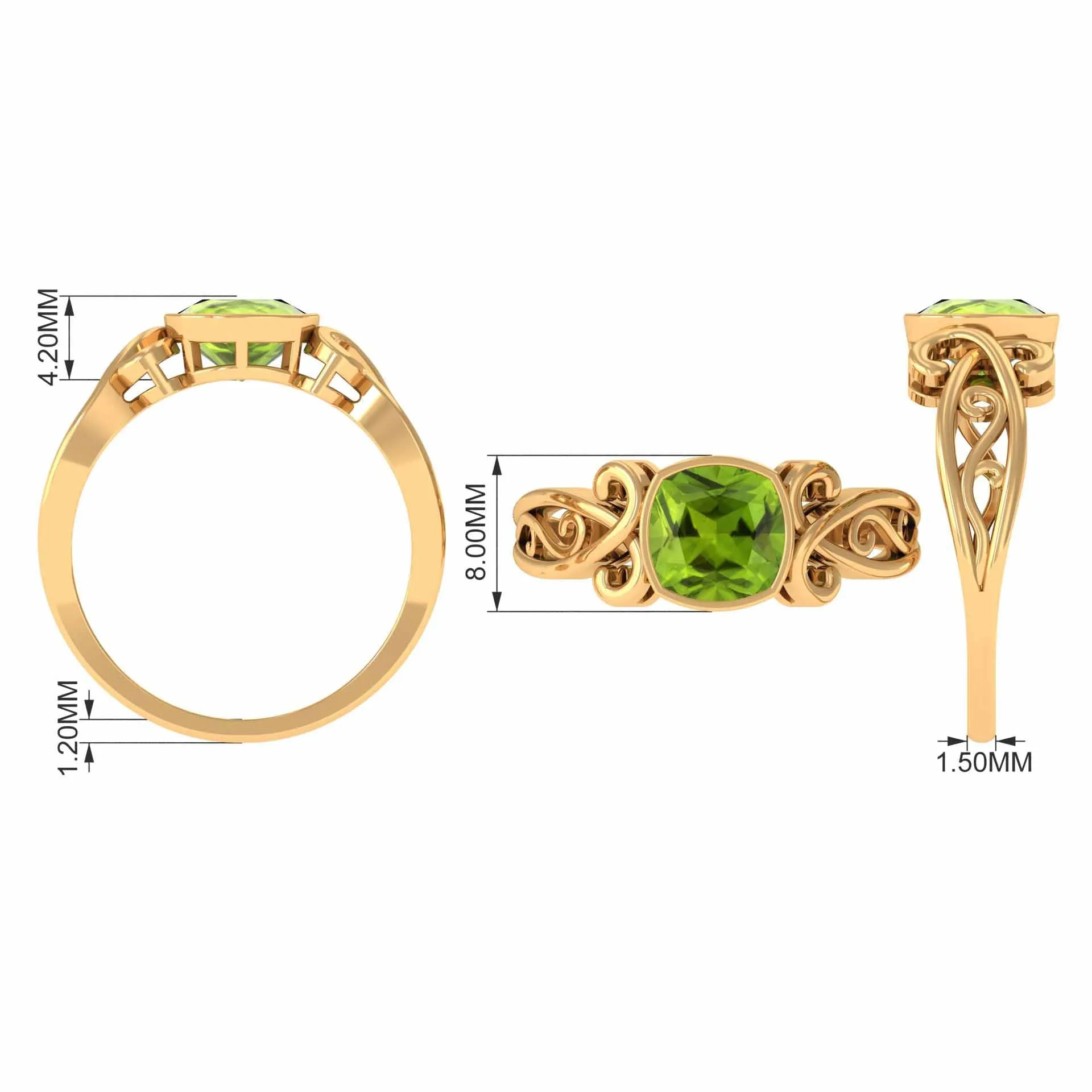 Vintage Style Cushion Cut Peridot Solitaire Ring in Bezel Setting