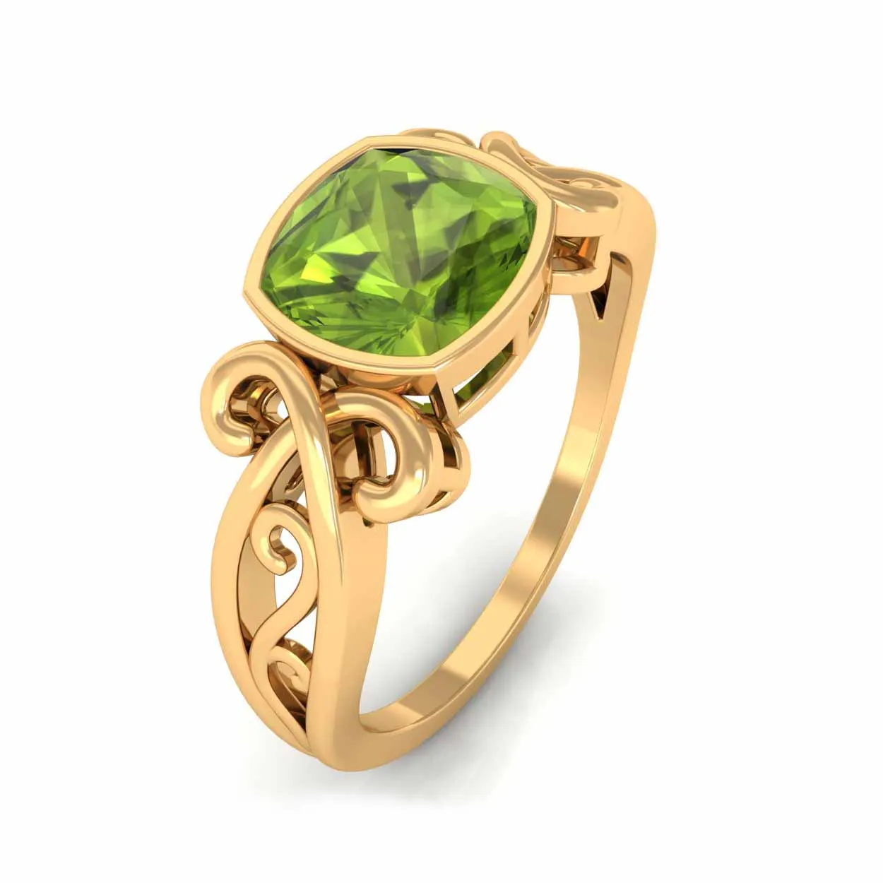 Vintage Style Cushion Cut Peridot Solitaire Ring in Bezel Setting